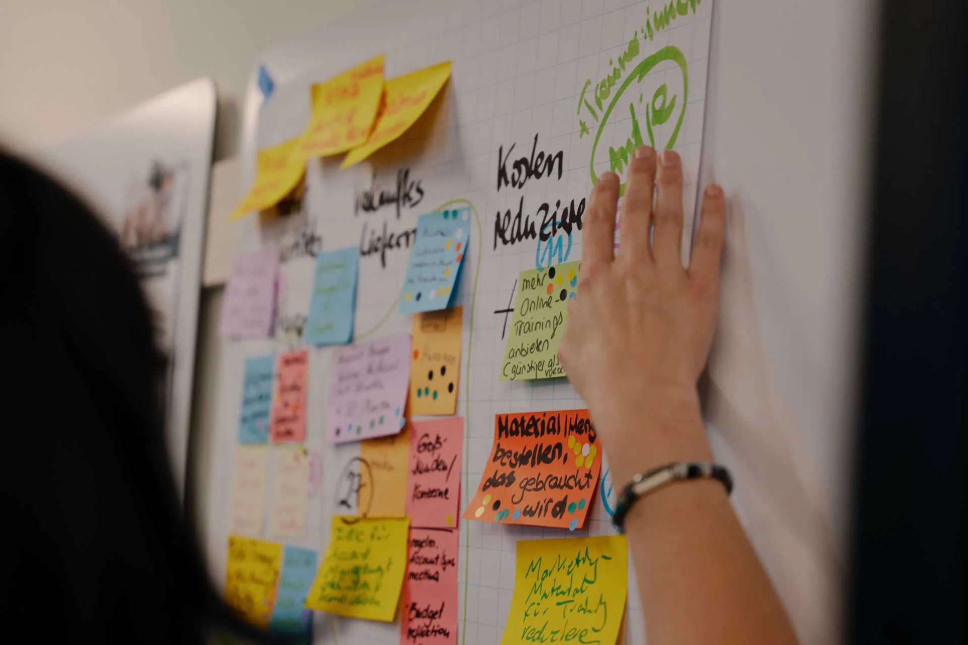 A person arranging colorful sticky notes on a whiteboard during a brainstorming session.